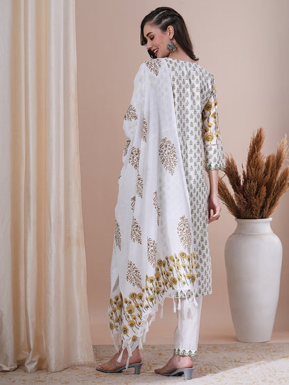 Ethnic Floral Block Printed Straight Kurta with Pant and Printed Dupatta - White