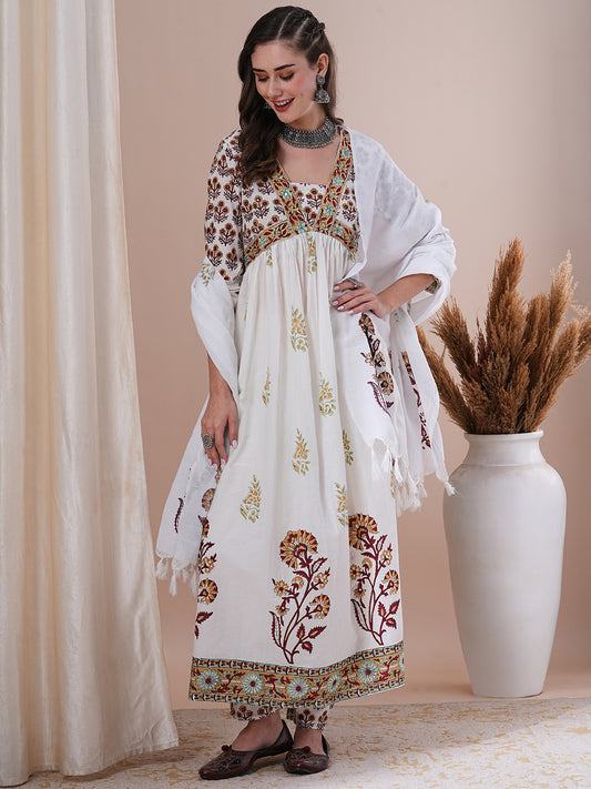 Ethnic Floral Block Printed A-Line Pleated Kurta with Pant and Printed Dupatta - White