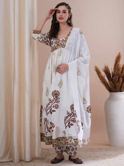 Ethnic Floral Block Printed A-Line Pleated Kurta with Pant and Printed Dupatta - White