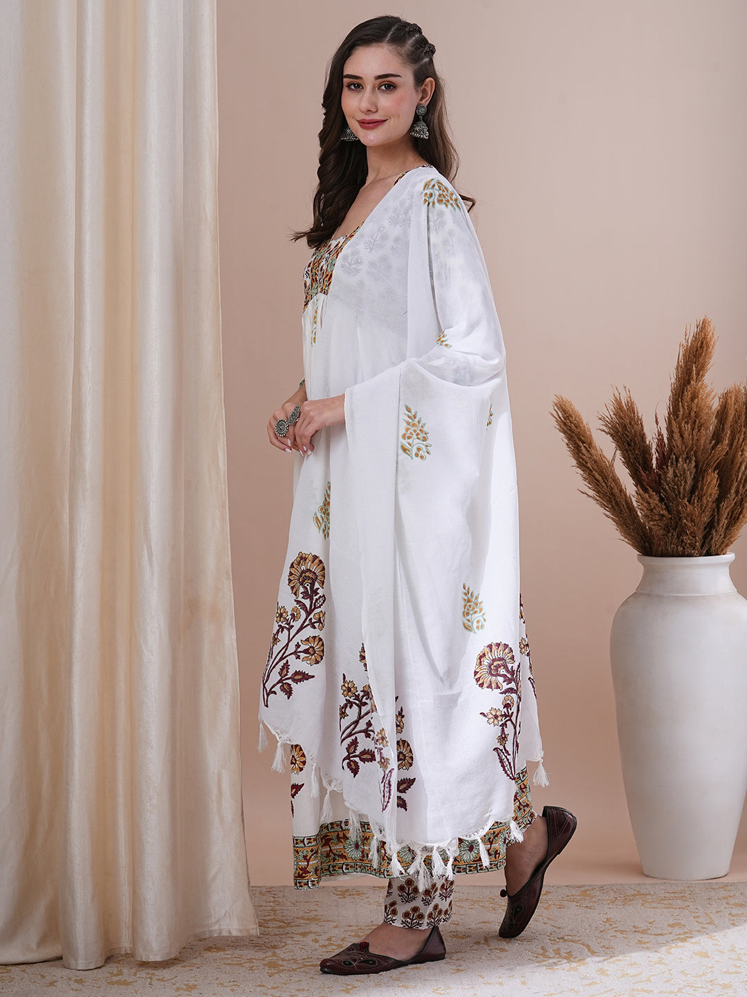 Ethnic Floral Block Printed A-Line Pleated Kurta with Pant and Printed Dupatta - White