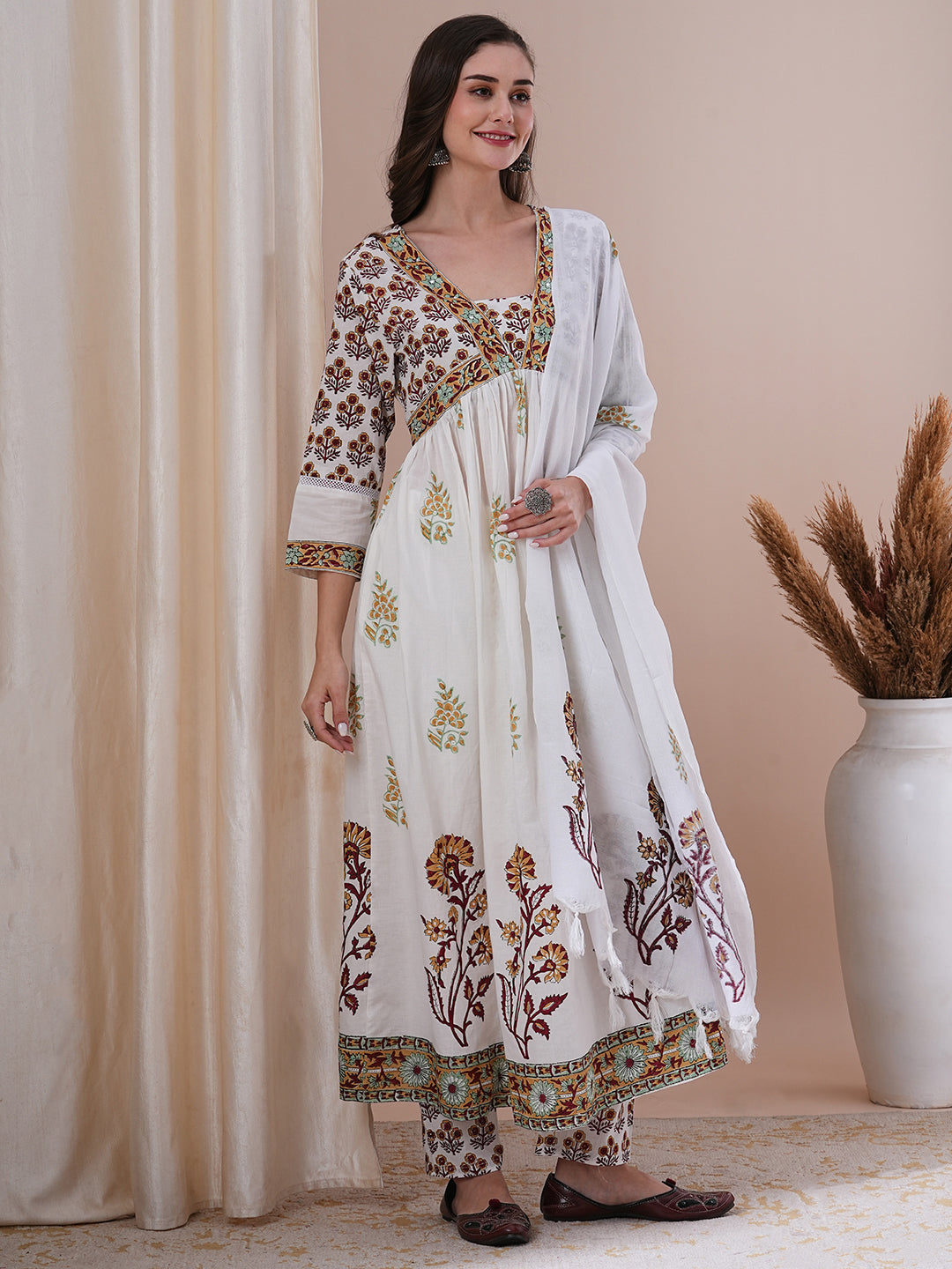 Ethnic Floral Block Printed A-Line Pleated Kurta with Pant and Printed Dupatta - White