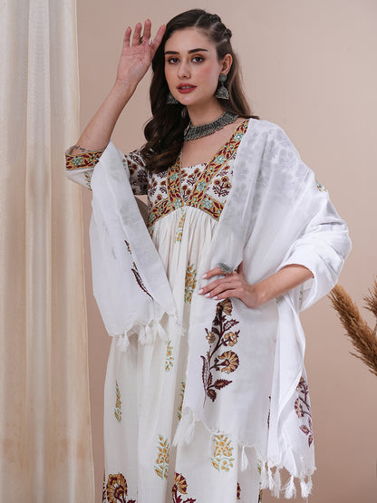 Ethnic Floral Block Printed A-Line Pleated Kurta with Pant and Printed Dupatta - White