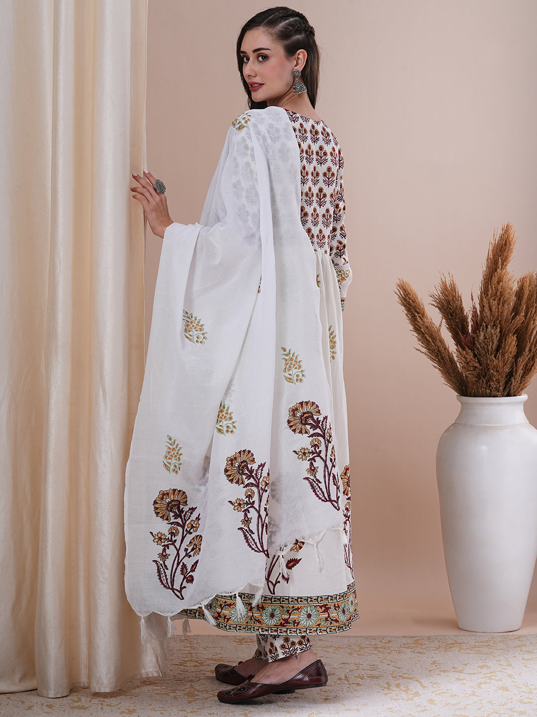 Ethnic Floral Block Printed A-Line Pleated Kurta with Pant and Printed Dupatta - White