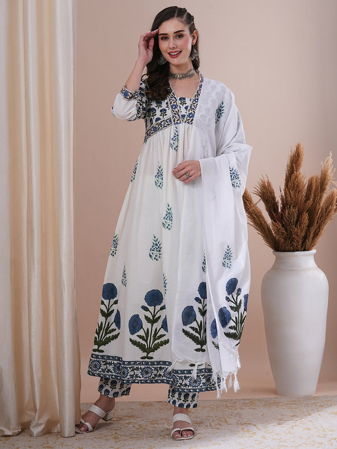 Ethnic Floral Block Printed A-Line Pleated Kurta with Pant and Printed Dupatta - White