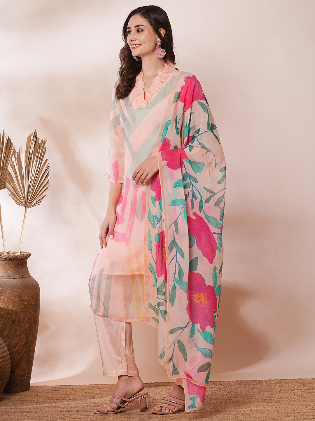 Abstract Printed Straight Fit Kurta with Pant and Printed Dupatta - Peach