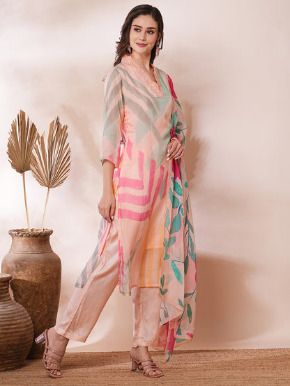 Abstract Printed Straight Fit Kurta with Pant and Printed Dupatta - Peach