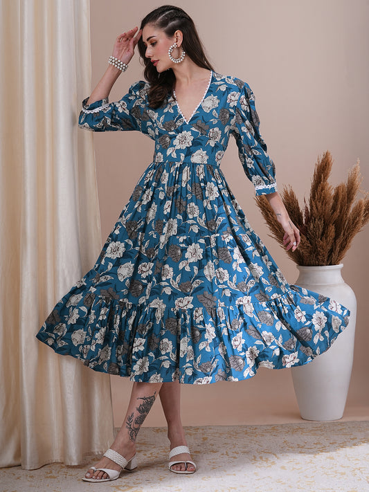 Floral Printed A-Line Pleated Midi Dress - Blue