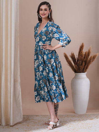 Floral Printed A-Line Pleated Midi Dress - Blue