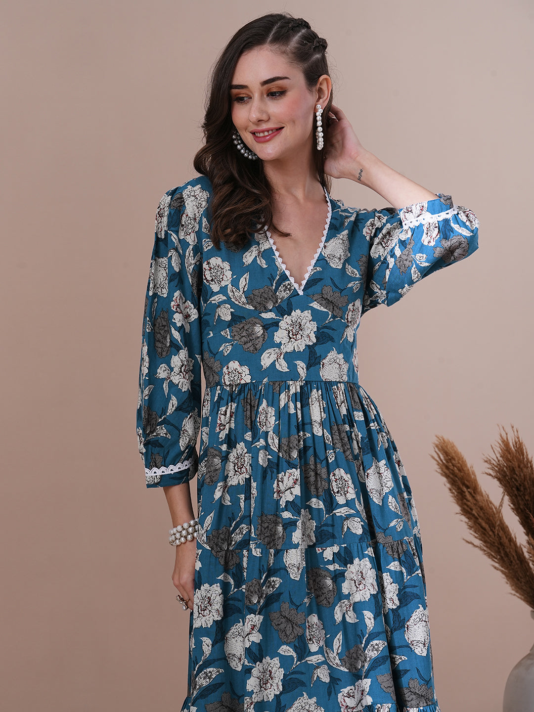 Floral Printed A-Line Pleated Midi Dress - Blue