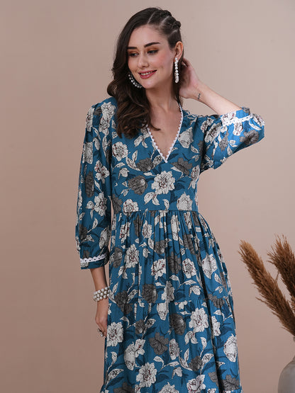 Floral Printed A-Line Pleated Midi Dress - Blue