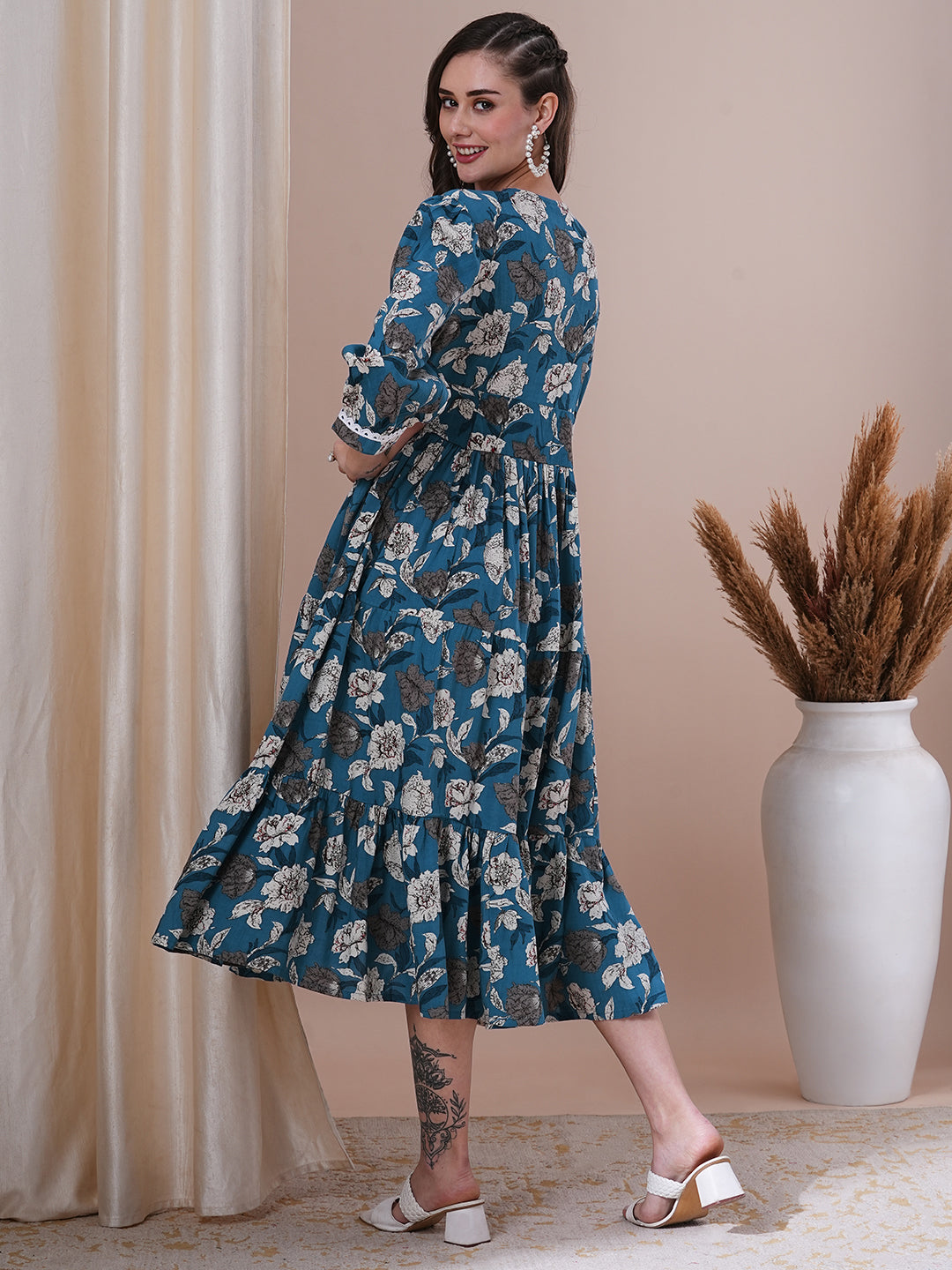 Floral Printed A-Line Pleated Midi Dress - Blue