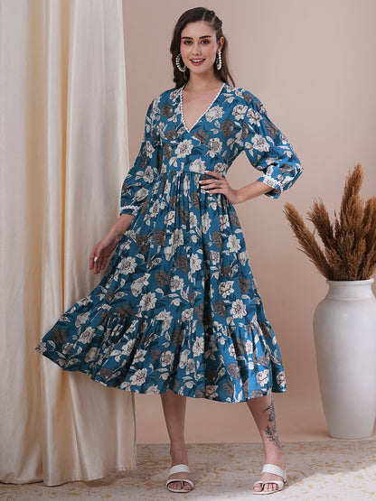 Floral Printed A-Line Pleated Midi Dress - Blue