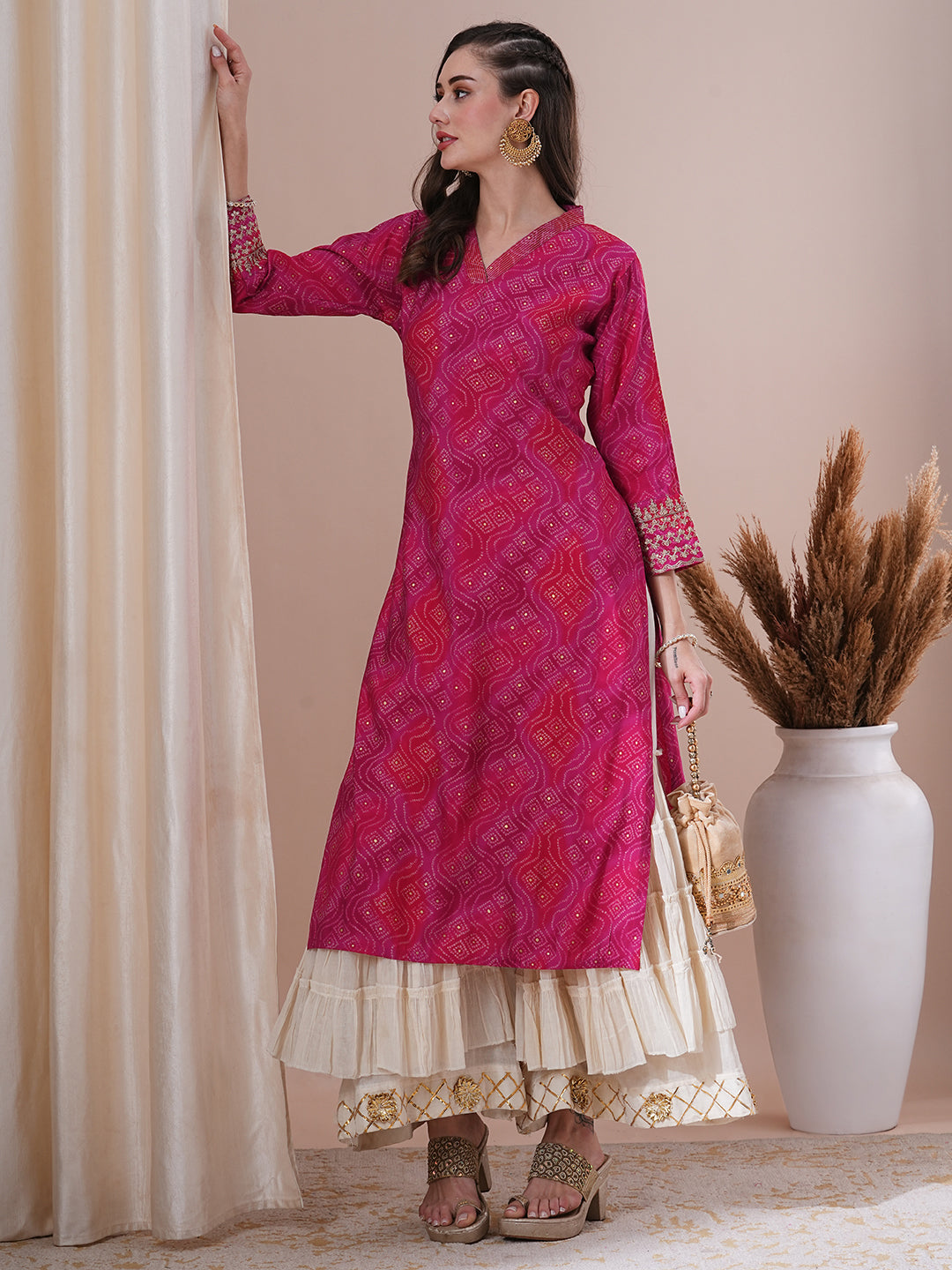 Bandhani Foil Printed & Embroidered Straight Fit Kurta - Pink