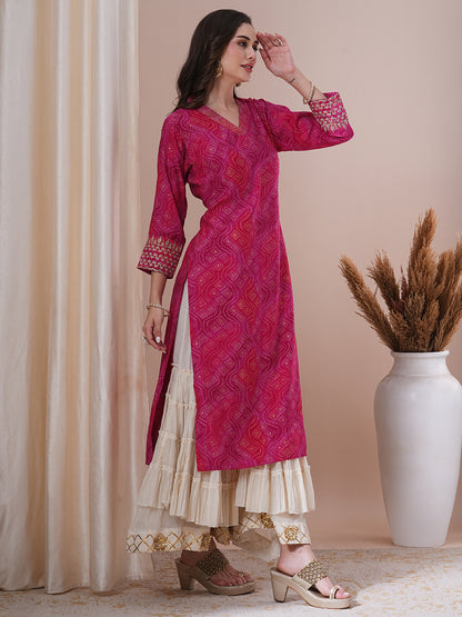 Bandhani Foil Printed & Embroidered Straight Fit Kurta - Pink