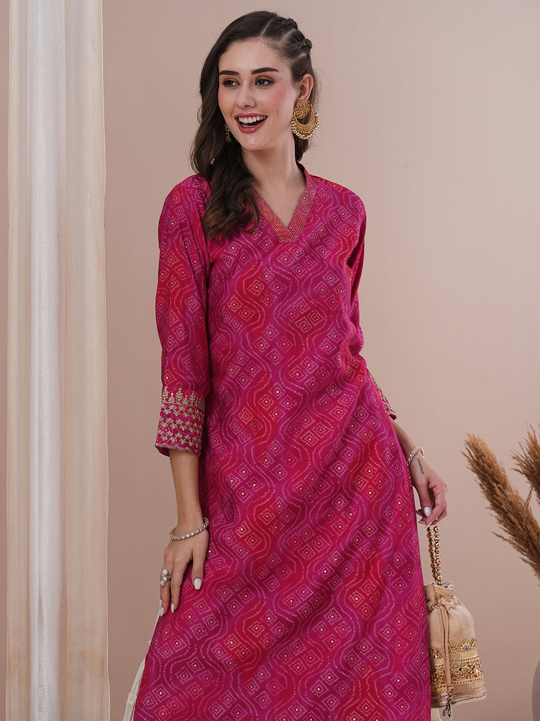 Bandhani Foil Printed & Embroidered Straight Fit Kurta - Pink