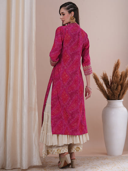 Bandhani Foil Printed & Embroidered Straight Fit Kurta - Pink