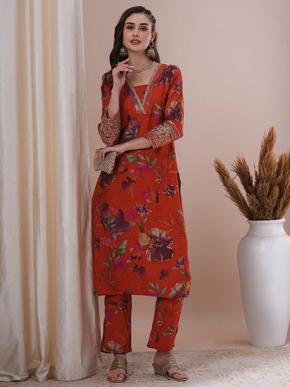 Floral Printed Embroidered Straight Fit Kurta with Pant - Rust