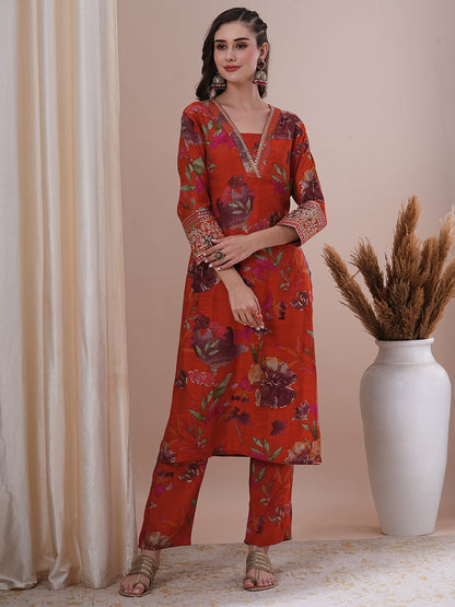 Floral Printed Embroidered Straight Fit Kurta with Pant - Rust