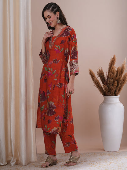 Floral Printed Embroidered Straight Fit Kurta with Pant - Rust