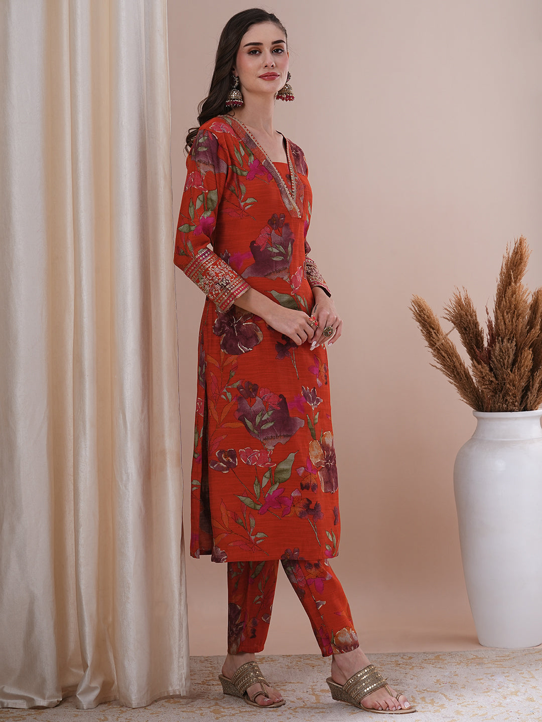 Floral Printed Embroidered Straight Fit Kurta with Pant - Rust
