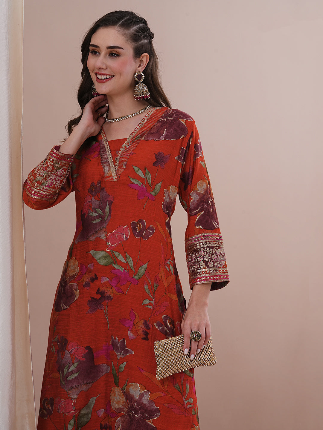 Floral Printed Embroidered Straight Fit Kurta with Pant - Rust
