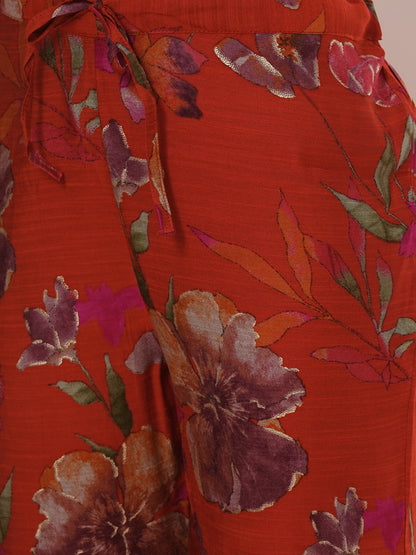 Floral Printed Embroidered Straight Fit Kurta with Pant - Rust