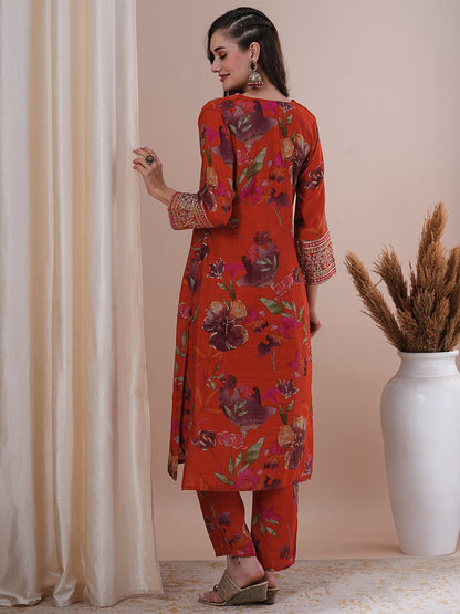Floral Printed Embroidered Straight Fit Kurta with Pant - Rust