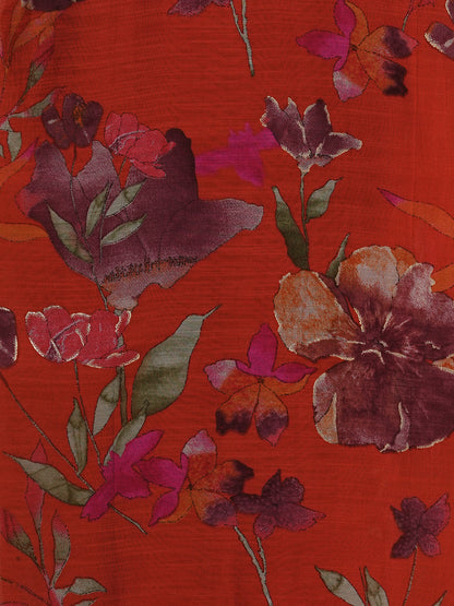 Floral Printed Embroidered Straight Fit Kurta with Pant - Rust