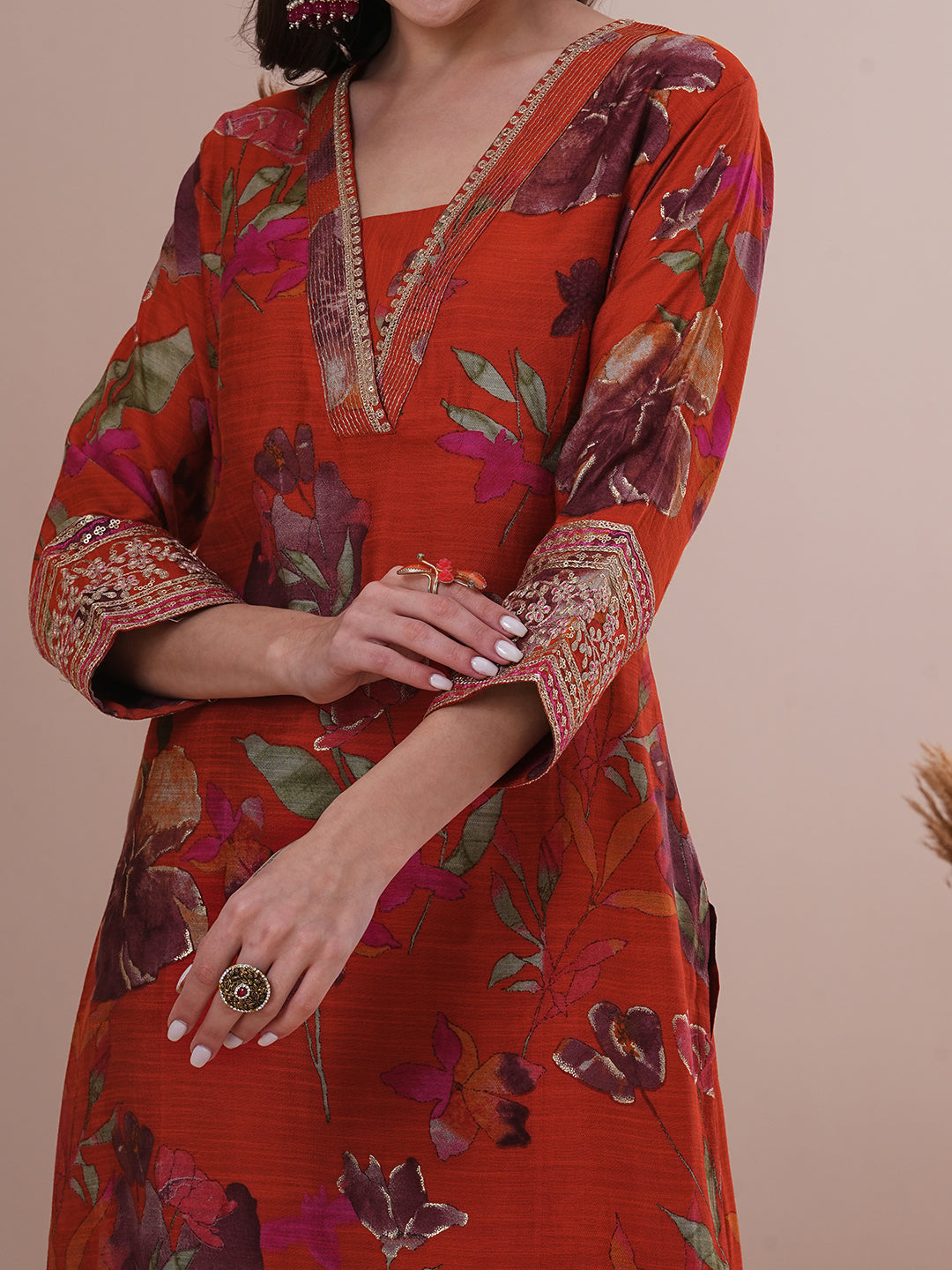 Floral Printed Embroidered Straight Fit Kurta with Pant - Rust