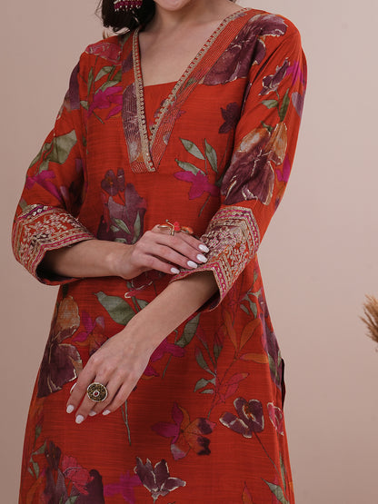 Floral Printed Embroidered Straight Fit Kurta with Pant - Rust