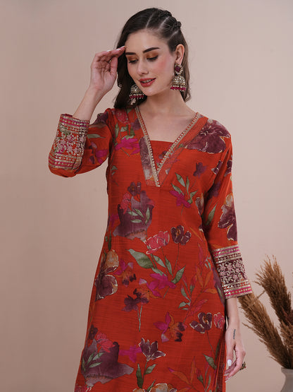 Floral Printed Embroidered Straight Fit Kurta with Pant - Rust