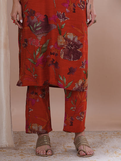 Floral Printed Embroidered Straight Fit Kurta with Pant - Rust