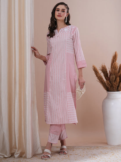 Ethnic Stripes Printed Paneled & Embroidered A-Line Kurta with Pant - Pink