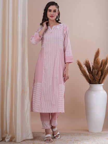 Ethnic Stripes Printed Paneled & Embroidered A-Line Kurta with Pant - Pink