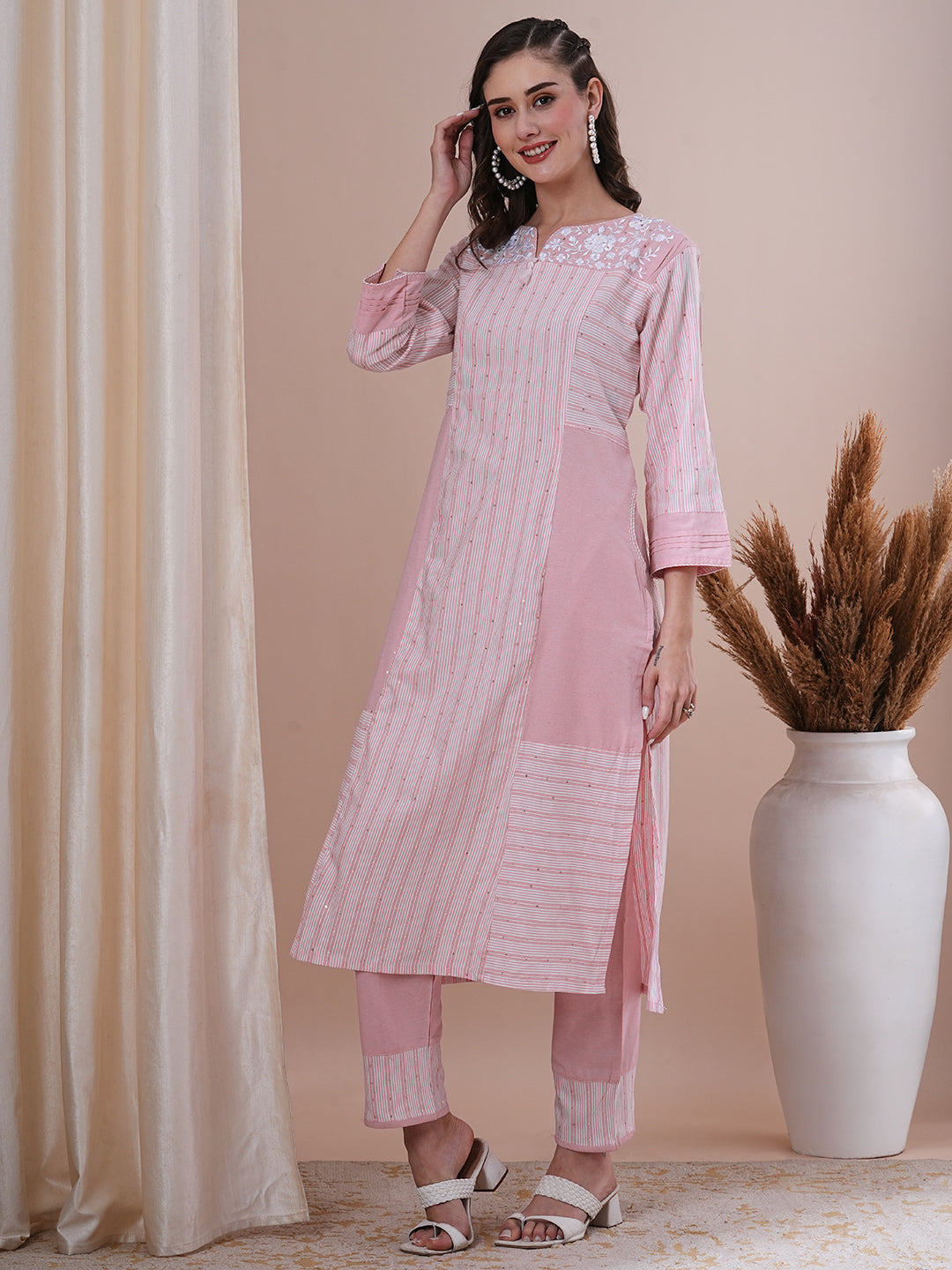 Ethnic Stripes Printed Paneled & Embroidered A-Line Kurta with Pant - Pink