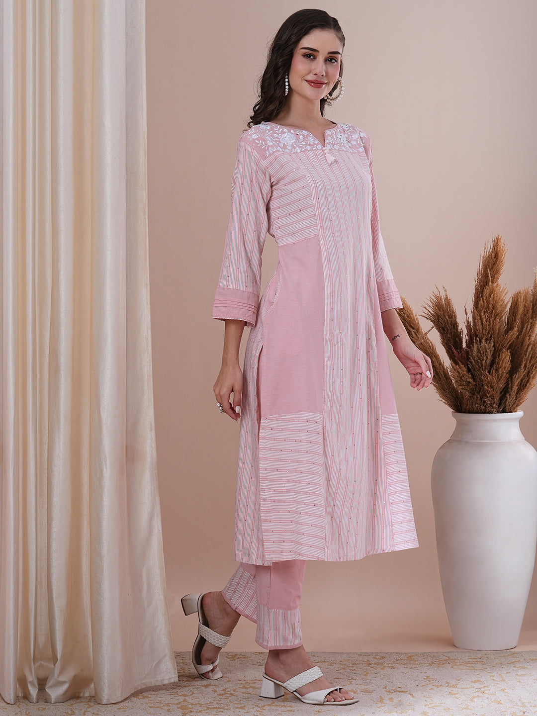 Ethnic Stripes Printed Paneled & Embroidered A-Line Kurta with Pant - Pink