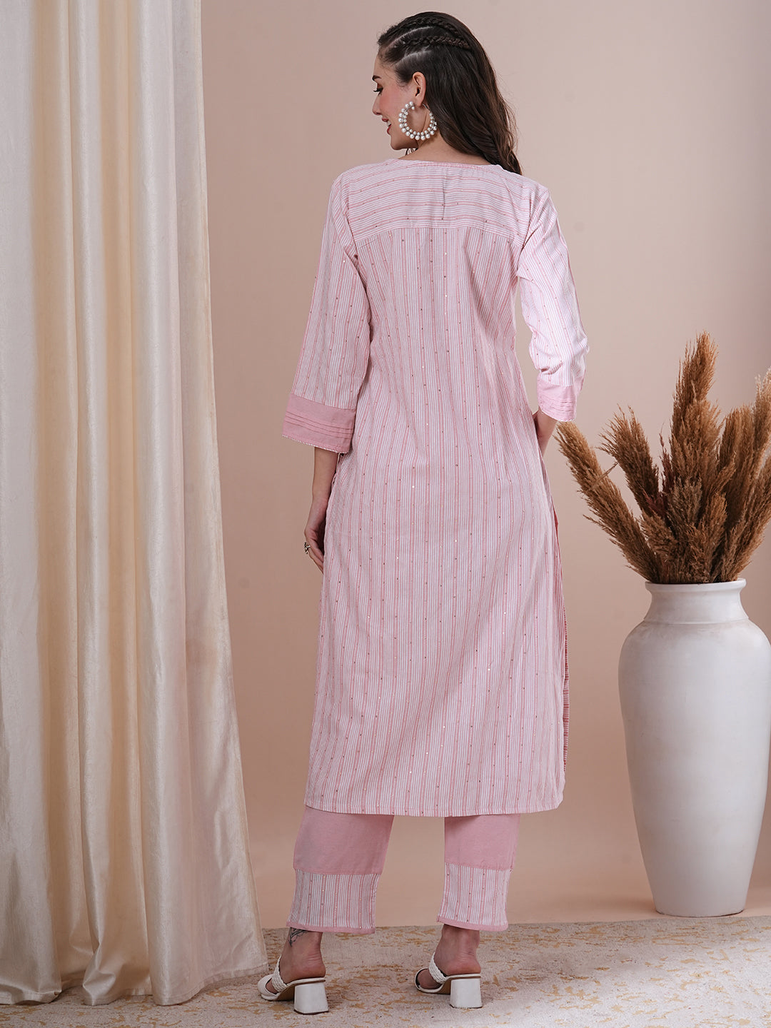 Ethnic Stripes Printed Paneled & Embroidered A-Line Kurta with Pant - Pink