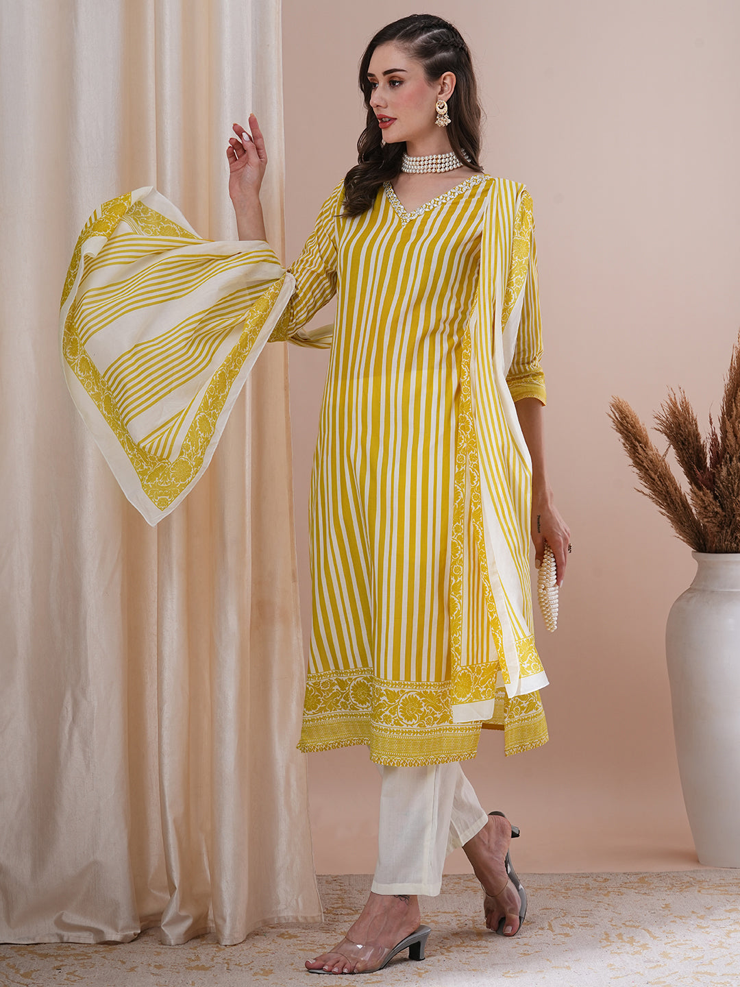 Stripes Printed & Embroidered Straight Fit Kurta with Pant & Dupatta - Yellow