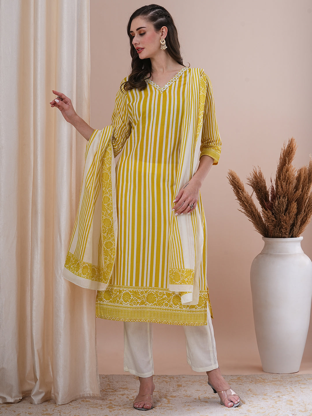 Stripes Printed & Embroidered Straight Fit Kurta with Pant & Dupatta - Yellow