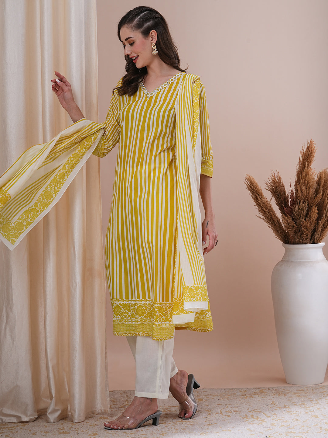 Stripes Printed & Embroidered Straight Fit Kurta with Pant & Dupatta - Yellow