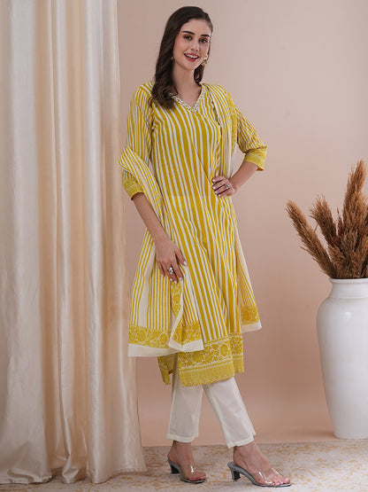 Stripes Printed & Embroidered Straight Fit Kurta with Pant & Dupatta - Yellow