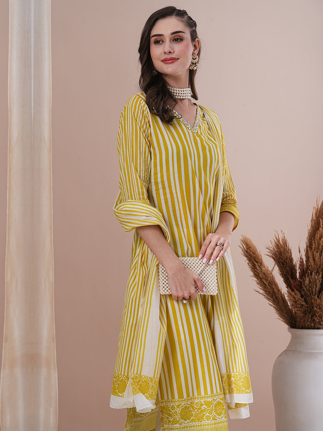 Stripes Printed & Embroidered Straight Fit Kurta with Pant & Dupatta - Yellow