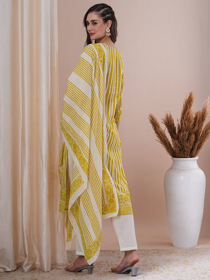 Stripes Printed & Embroidered Straight Fit Kurta with Pant & Dupatta - Yellow