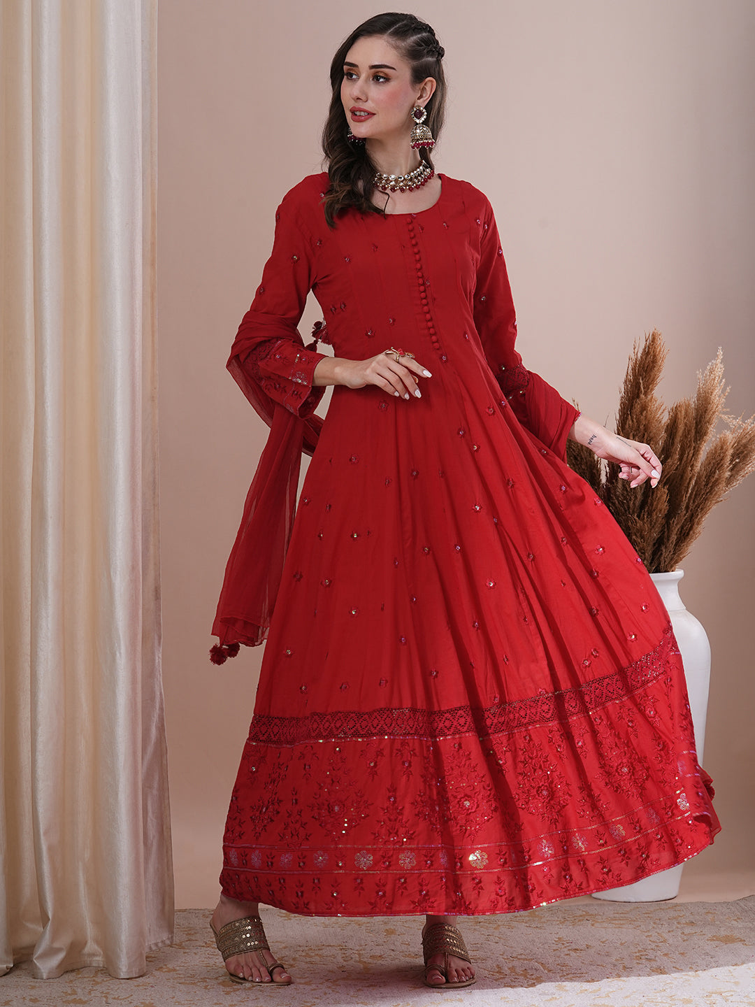 Solid Floral Embroidered Anarkali Kurta with Pant & Dupatta - Red