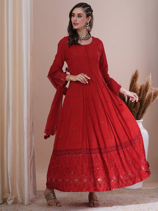 Solid Floral Embroidered Anarkali Kurta with Pant & Dupatta - Red