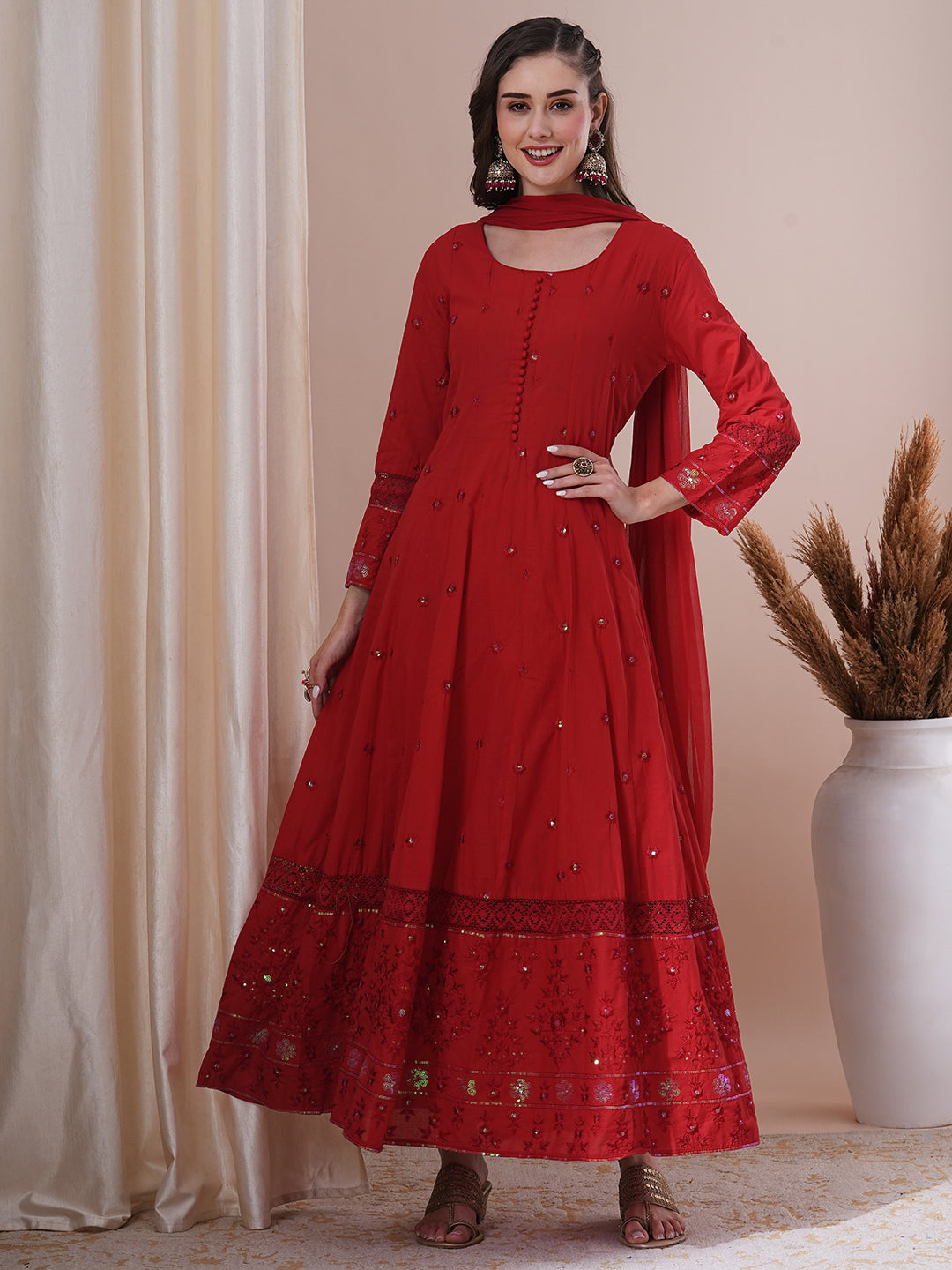 Solid Floral Embroidered Anarkali Kurta with Pant & Dupatta - Red