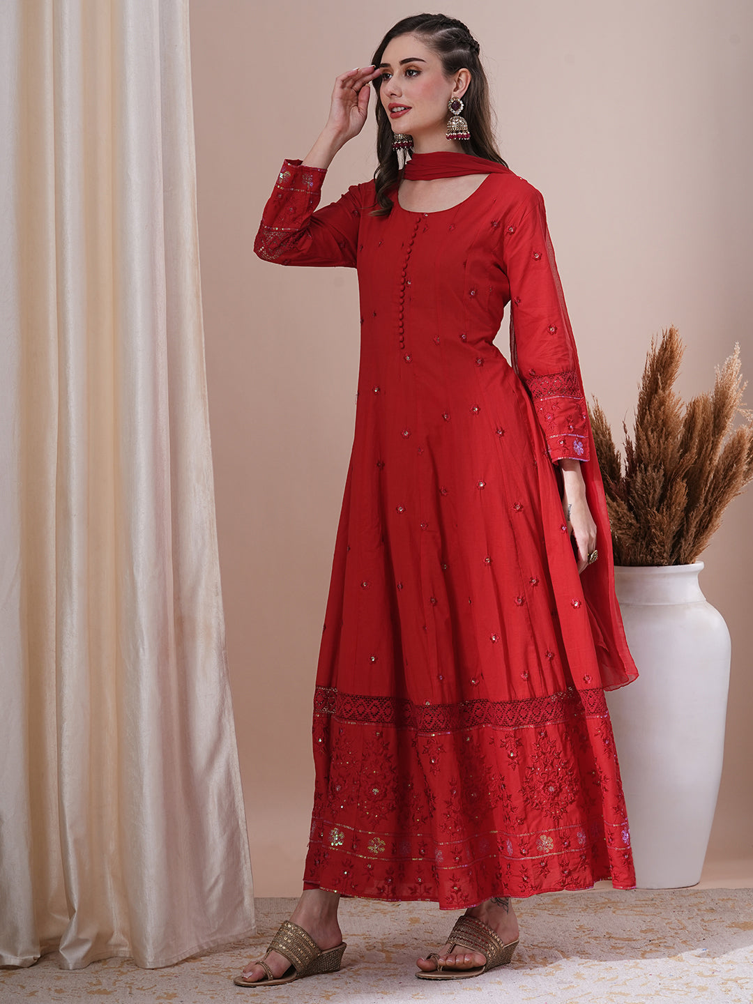 Solid Floral Embroidered Anarkali Kurta with Pant & Dupatta - Red