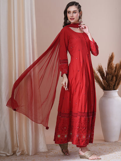 Solid Floral Embroidered Anarkali Kurta with Pant & Dupatta - Red