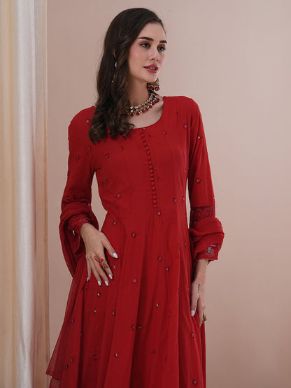 Solid Floral Embroidered Anarkali Kurta with Pant & Dupatta - Red