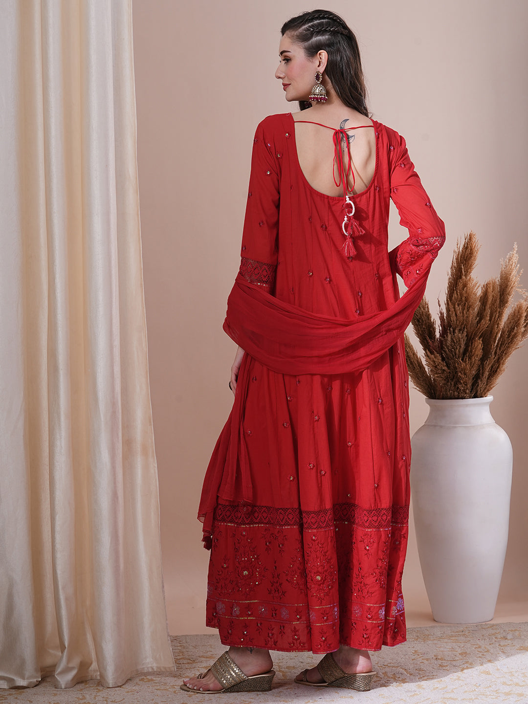 Solid Floral Embroidered Anarkali Kurta with Pant & Dupatta - Red